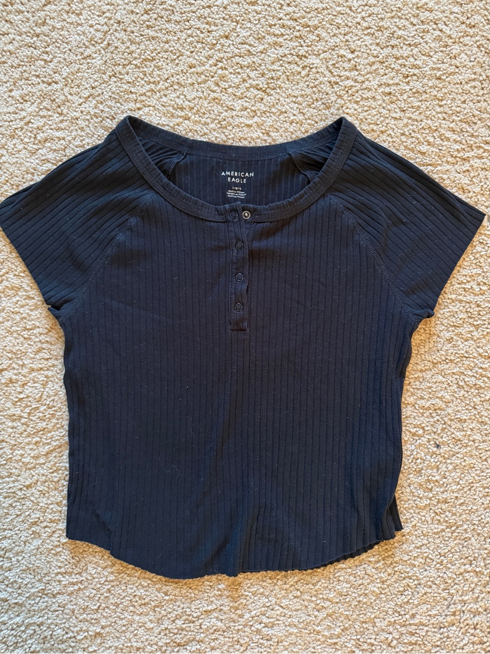 American Eagle Outfitters Black Ribbed Short Sleeve Henley Tee